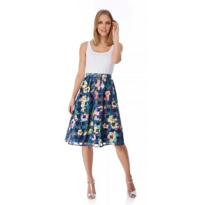 Yumi Blue Floral Check Print Midi Skirt